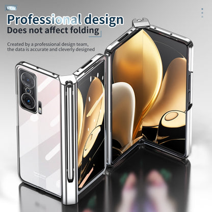 Silver transparent hinge phone case open, showing inner frame and camera cutouts
