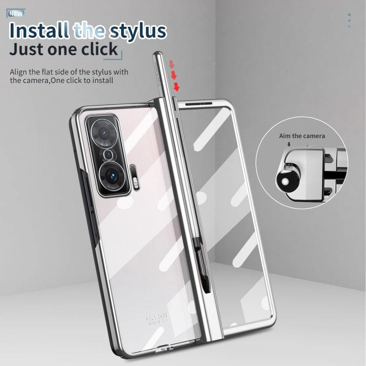 Silver transparent hinge phone case with stylus installed, camera cutout visible