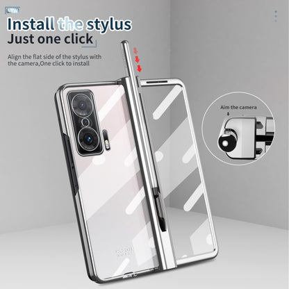 Silver transparent hinge phone case with stylus installed, camera cutout visible