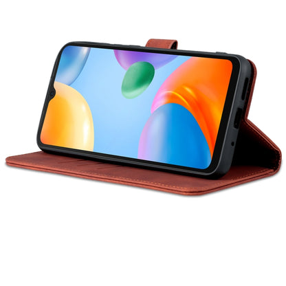 Brown leather flip phone case with stand viewing position and secure front cover.