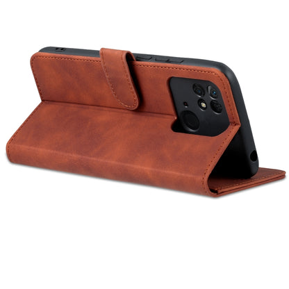Brown leather flip phone case with front flap and card holder panel, phone facing out.