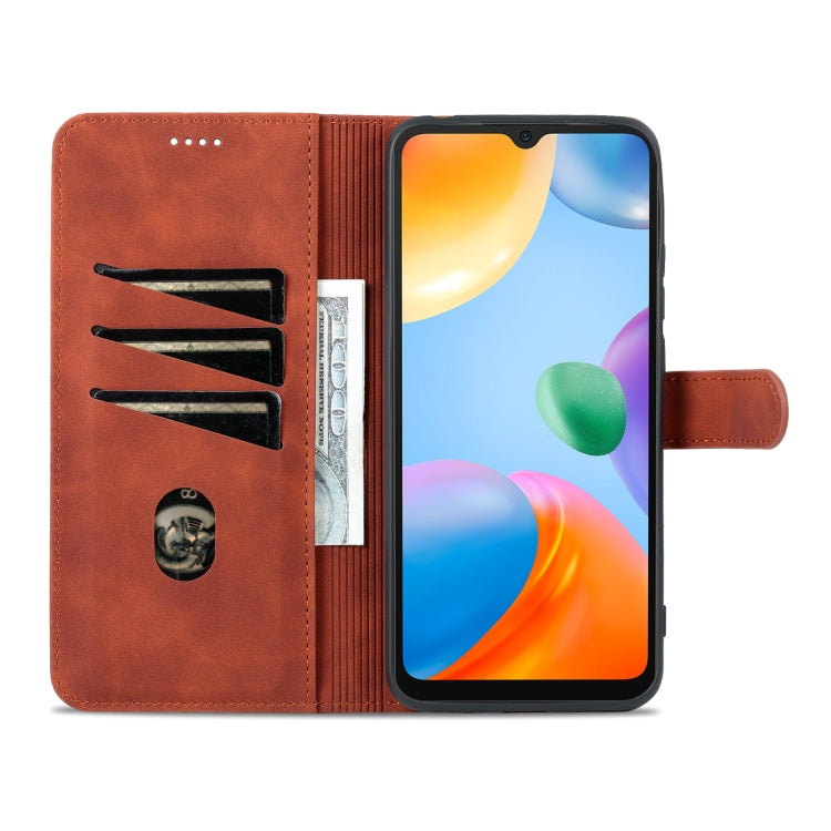 Brown leather flip phone case open with card slots and cash pocket, phone secured.