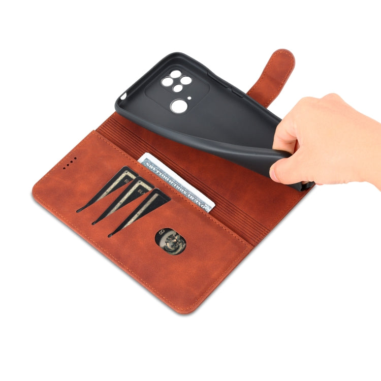 Brown leather wallet-style phone case open with card slots and hand placing the phone.