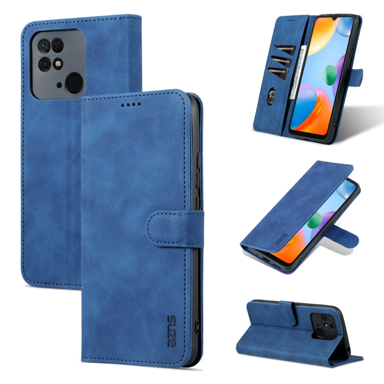 Blue flip leather phone case with textured finish, folio flap and stand