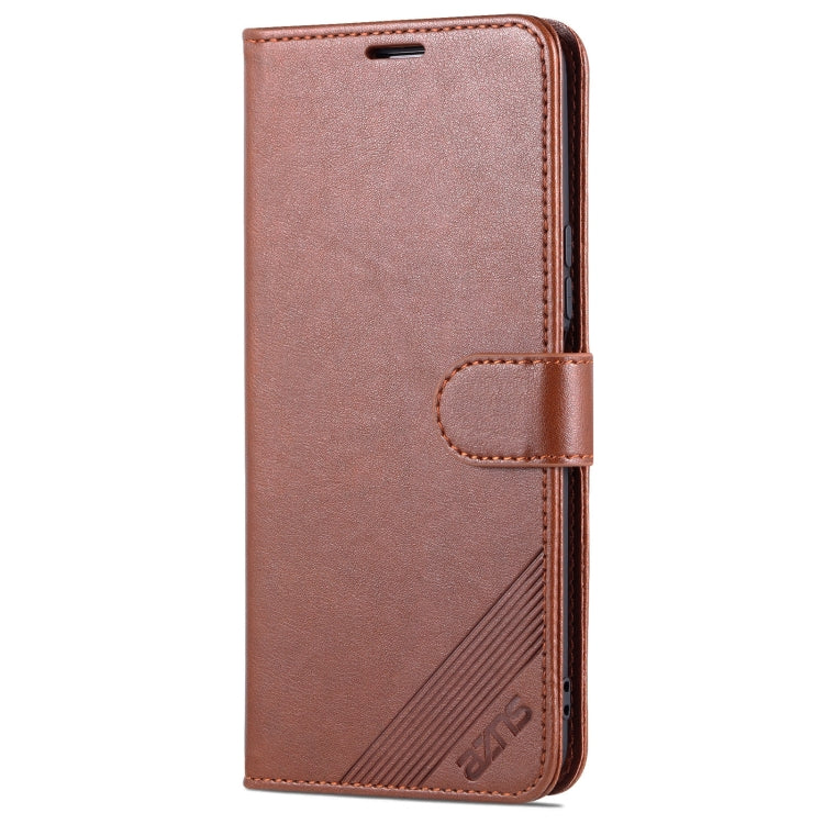 Brown flip phone case, front view with stitched folio flap and wrist strap