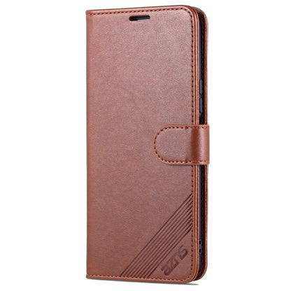 Brown flip phone case, front view with stitched folio flap and wrist strap