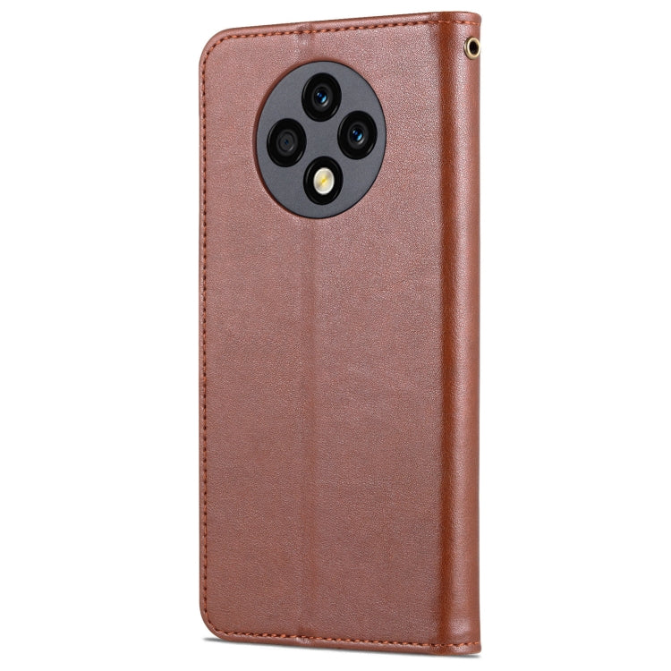 Brown flip phone case with phone back panel and round camera cutout