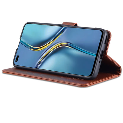 Brown flip phone case propped up for viewing, with folio stand support