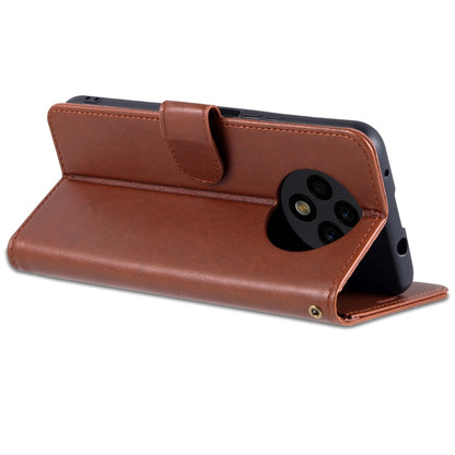 Brown flip phone case open with folio stand and camera cutout on the back
