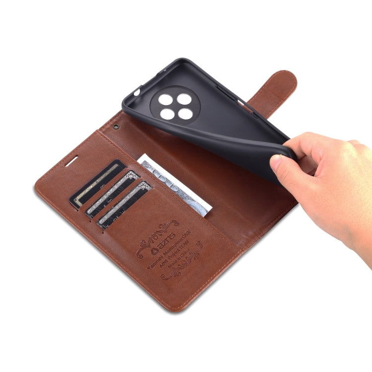 Brown flip phone case open with internal card slots and camera area cutouts