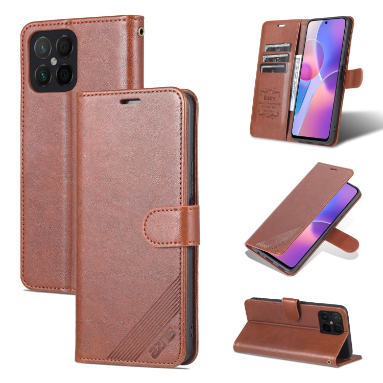 Brown flip phone case with folio cover flap, stand position, and camera cutout