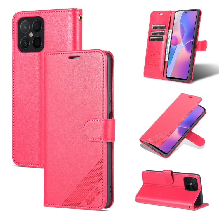 Red textured flip leather phone case with magnetic closure and built-in stand