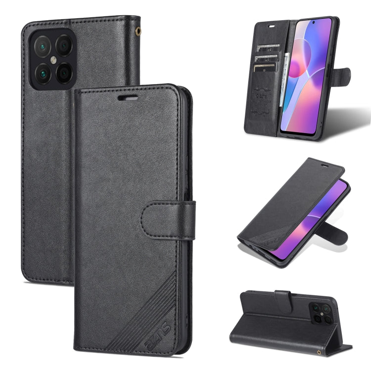 Black textured flip leather phone case with magnetic closure and built-in stand