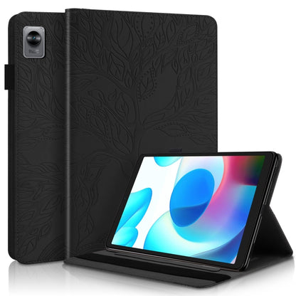 Black flip leather tablet case with embossed leaf pattern and front kickstand