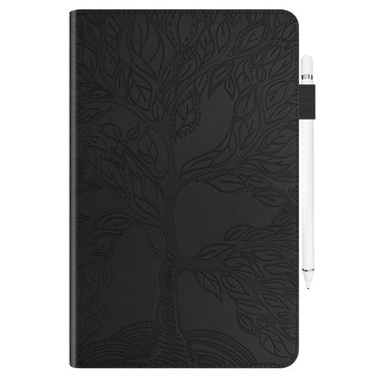 Black folio leather tablet case with embossed leaf pattern and stylus holder