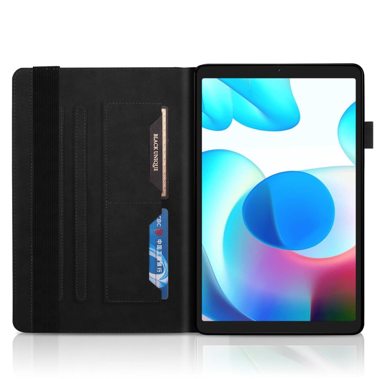 Black flip leather tablet case with embossed leaf pattern and inner card pocket