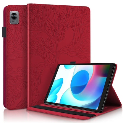 Red flip leather tablet case with embossed leaf pattern and front kickstand