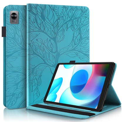 Lake blue flip leather tablet case with embossed leaf pattern and viewing stand