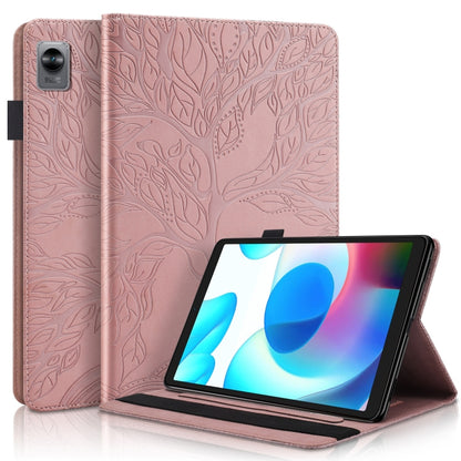 Rose gold flip leather tablet case with embossed leaf pattern and kickstand