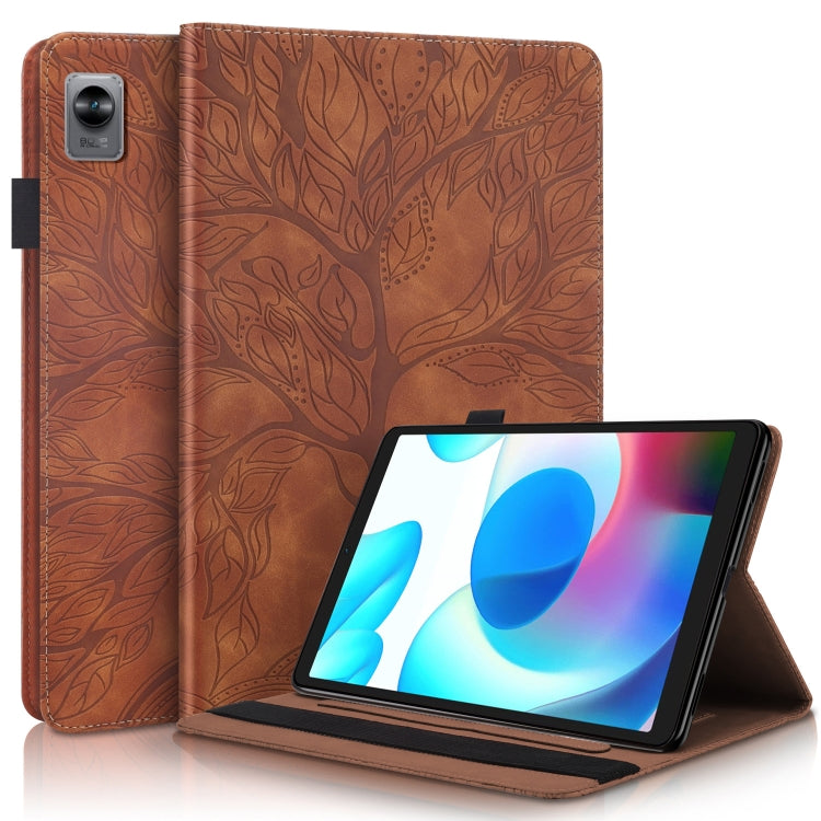 Brown flip leather tablet case with embossed leaf pattern and viewing stand