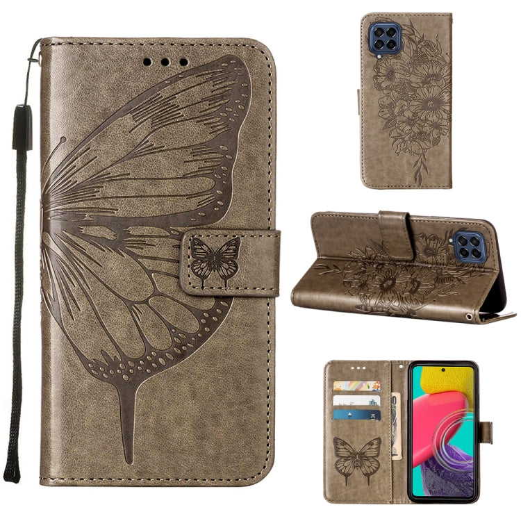 Embossed butterfly phone wallet case with folio cover and card holder, grey