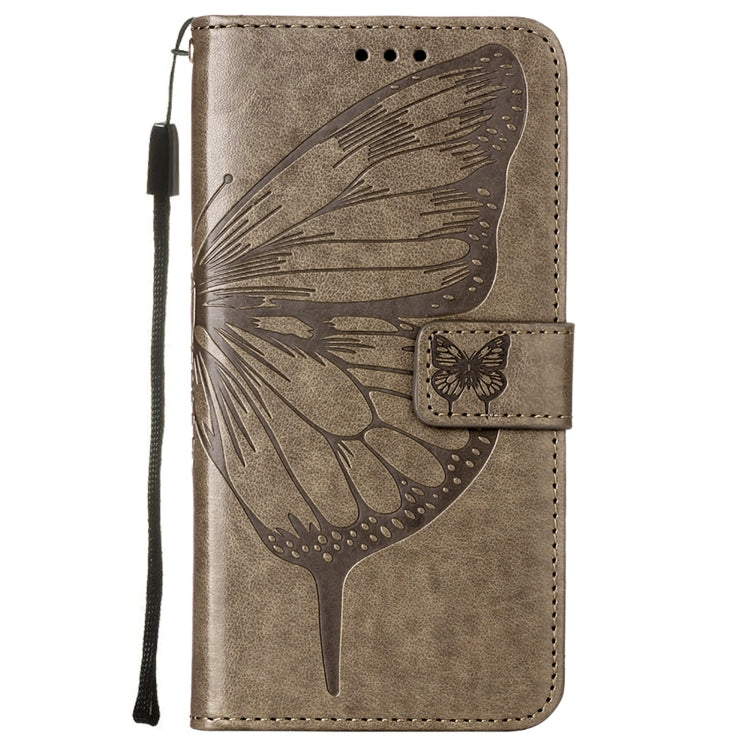 Embossed butterfly folio phone wallet case with side strap, grey