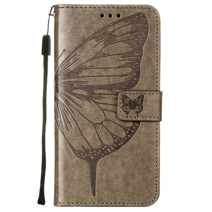 Embossed butterfly folio phone wallet case with side strap, grey