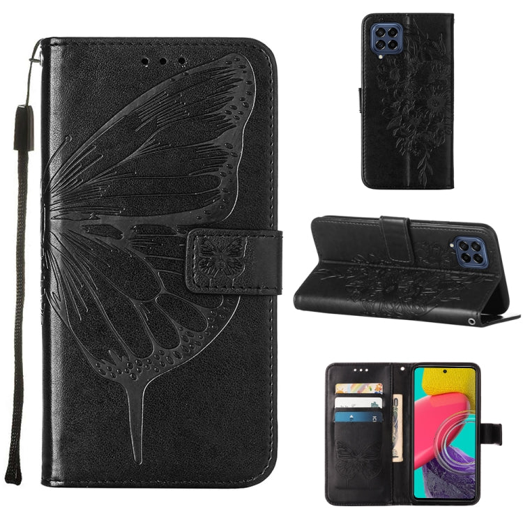 Embossed butterfly phone wallet case with folio cover and card holder, black