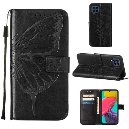 Embossed butterfly phone wallet case with folio cover and card holder, black