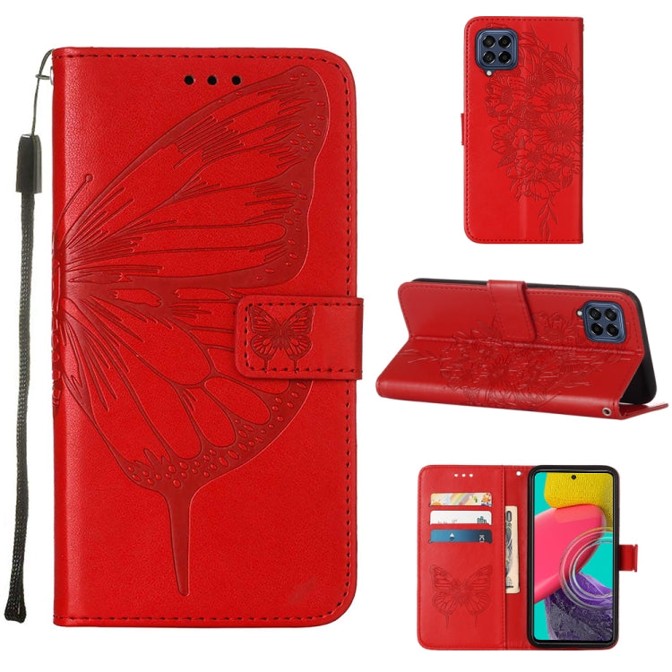 Red embossed butterfly leather phone case with folio wallet, strap, card slots, stand