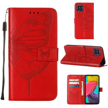 Red embossed butterfly leather phone case with folio wallet, strap, card slots, stand