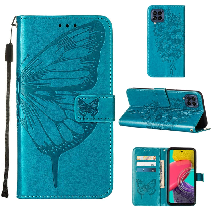 Teal embossed butterfly leather phone case with folio wallet, strap, card slots, stand