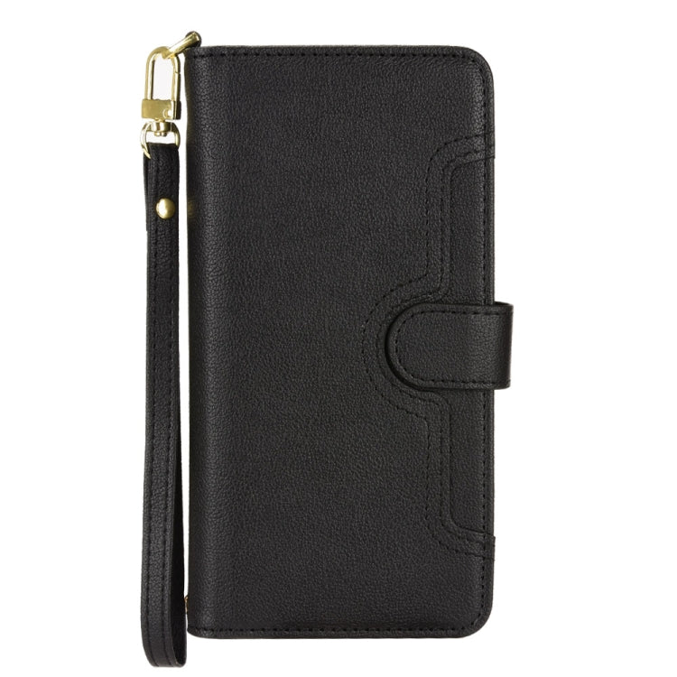Black leather texture folio phone case with wrist strap and magnetic closure