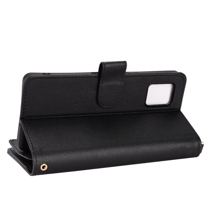 Black leather texture folio phone case with kickstand and snap button