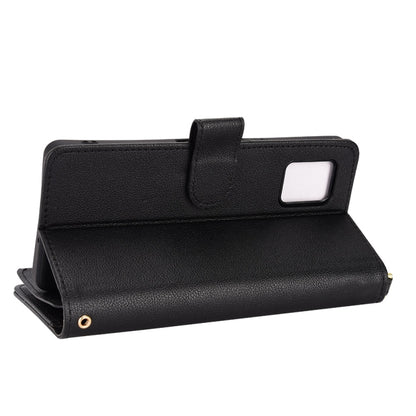 Black leather texture folio phone case with kickstand and snap button