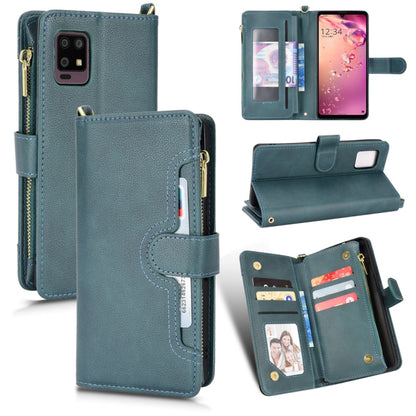 Teal leather texture phone case wallet with zipper, card slots, and stand