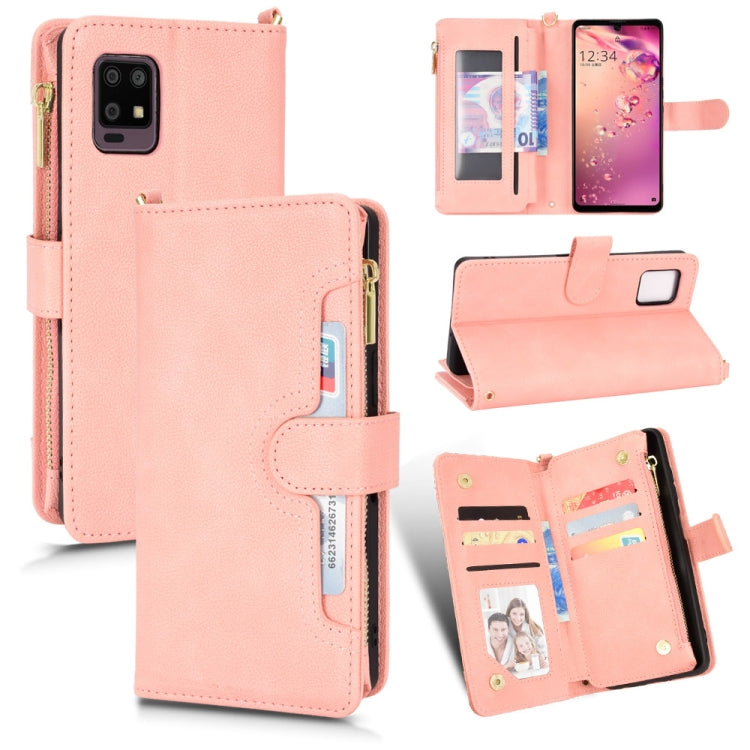 Pink litchi-texture zipper leather phone case with card slots and stand