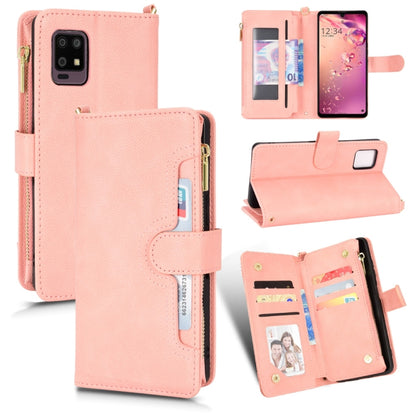 Pink litchi-texture zipper leather phone case with card slots and stand