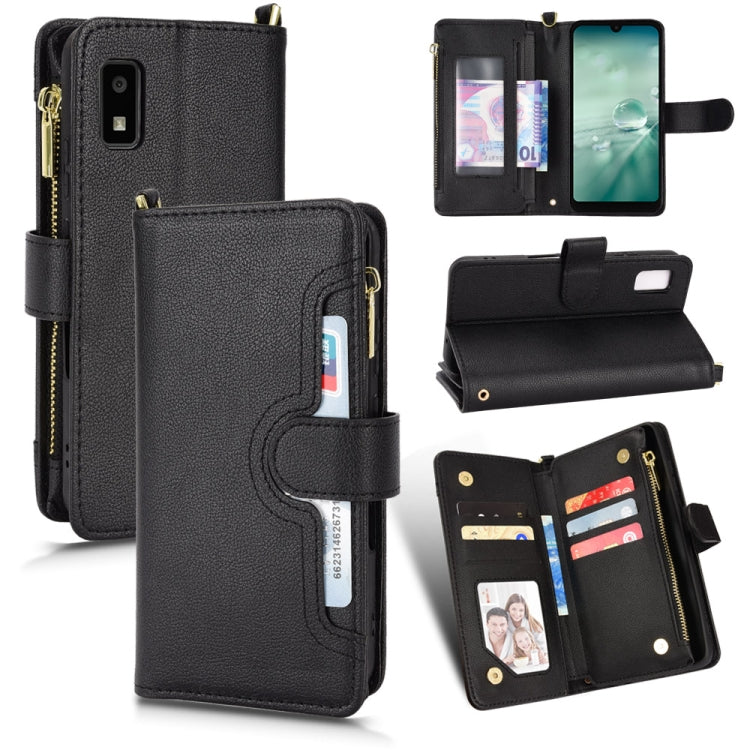 Black litchi-texture zipper leather phone case with card slots and stand
