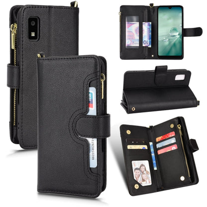 Black litchi-texture zipper leather phone case with card slots and stand