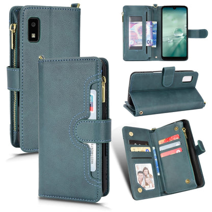 Blue litchi-texture zipper leather phone case with card slots and stand