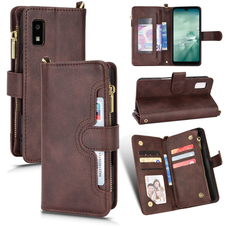 Brown litchi-texture zipper leather phone case with card slots and stand