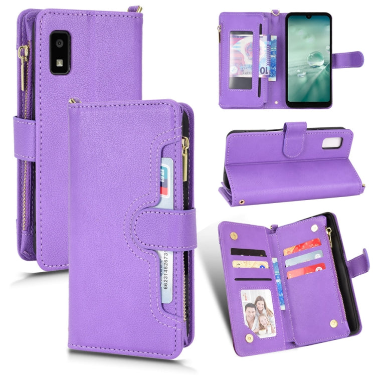 Purple litchi-texture zipper leather phone case with card slots and stand
