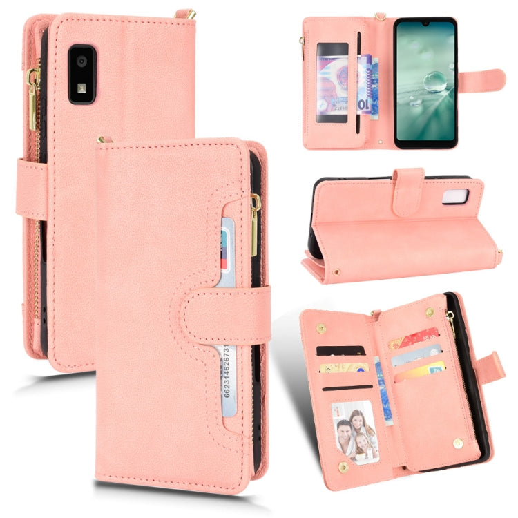 Pink litchi-texture zipper leather phone case with card slots and stand
