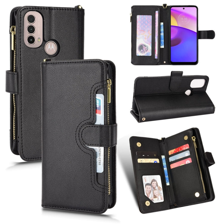 Black litchi-texture zipper leather phone case with card slots and stand