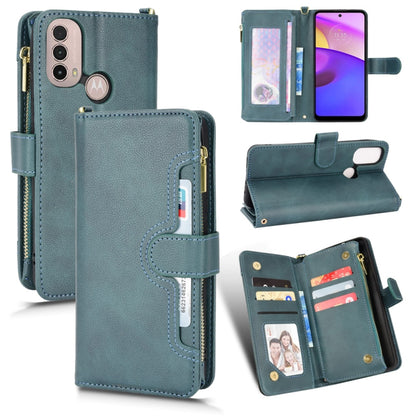 Teal litchi-texture zipper leather phone case with card slots and stand