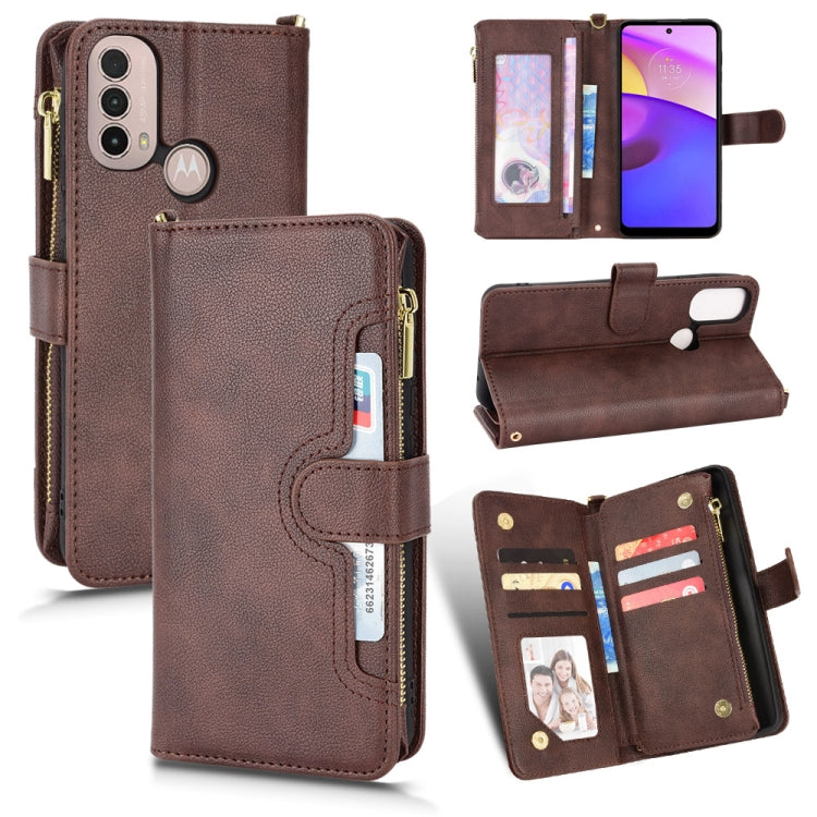 Brown litchi-texture zipper leather phone case with card slots and stand