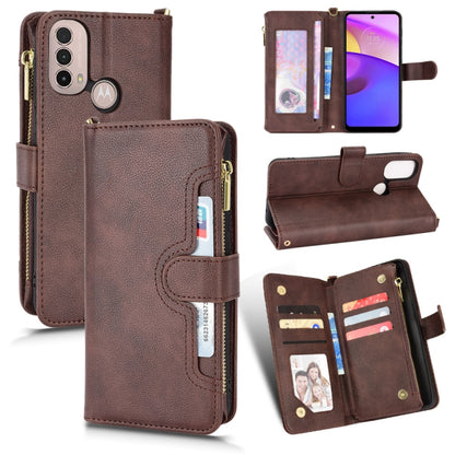 Brown litchi-texture zipper leather phone case with card slots and stand