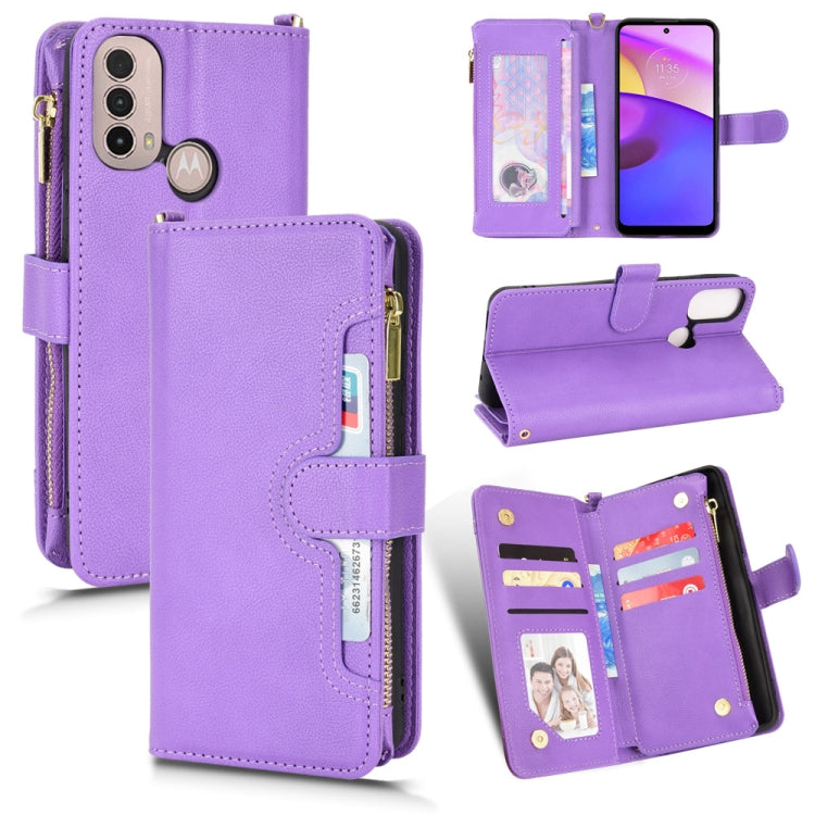 Purple litchi-texture zipper leather phone case with card slots and stand