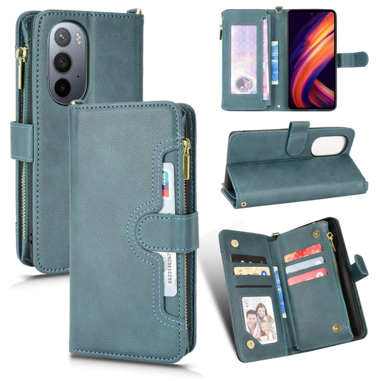 Blue-green textured zipper wallet phone case with card slots and kickstand